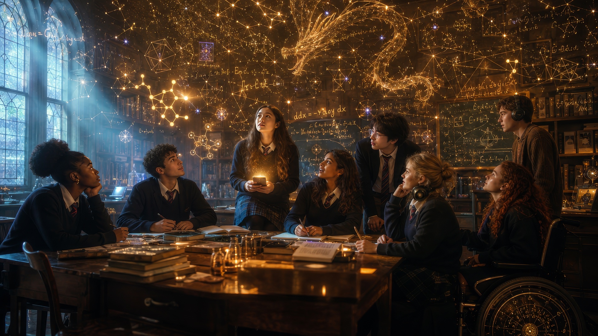 A classroom of teenagers surrounded by glowing constellations and equations — the hidden architecture of the MultiVerse