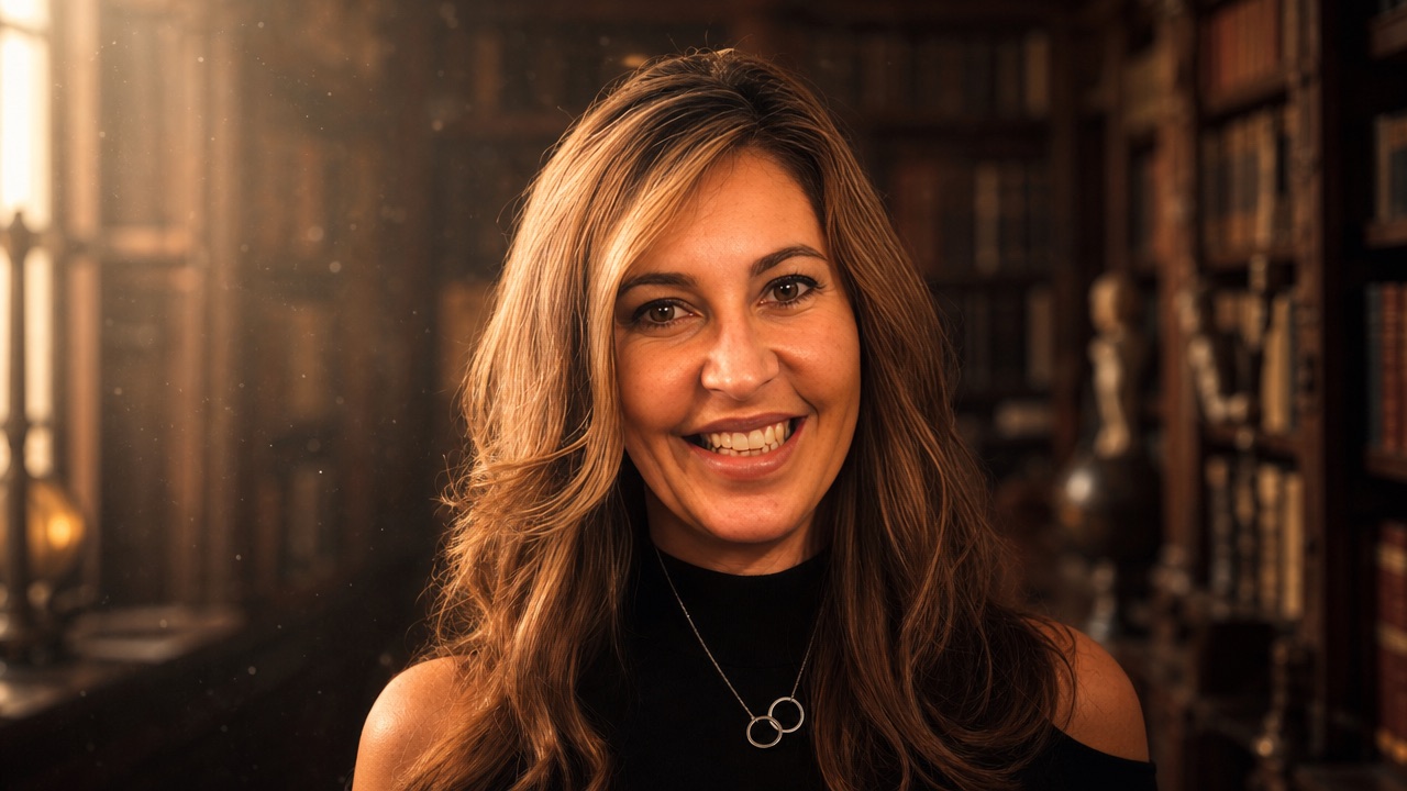 Kym S. Eves, smiling, in a warm book-lined library